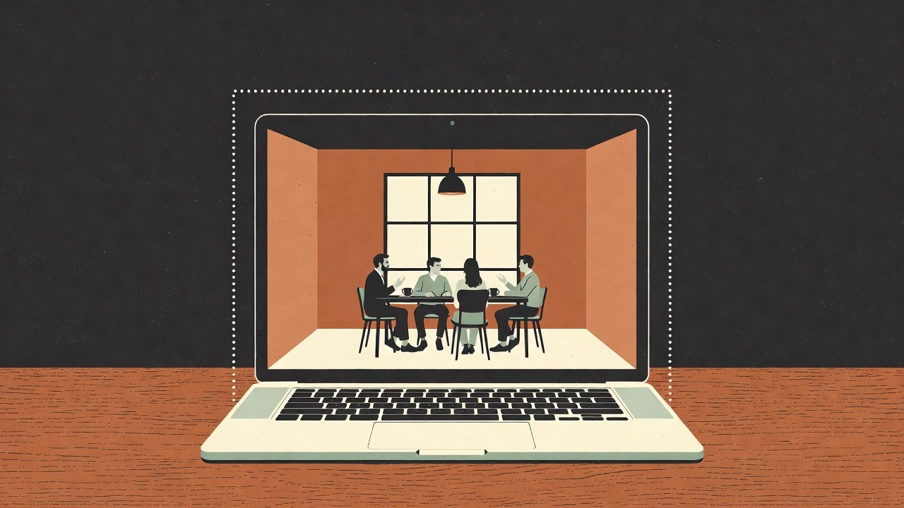 Illustration: an open laptop on a wooden desk, and inside its screen a small warm meeting room where four people talk around a table. A thin dotted line runs around the whole laptop, and nothing connects it to the outside.