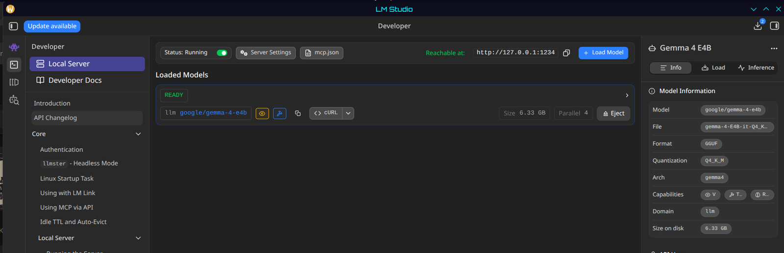 LM Studio's Developer tab: Status Running, reachable at http://127.0.0.1:1234, google/gemma-4-e4b loaded and marked READY, 6.33 GB on disk, Q4_K_M.