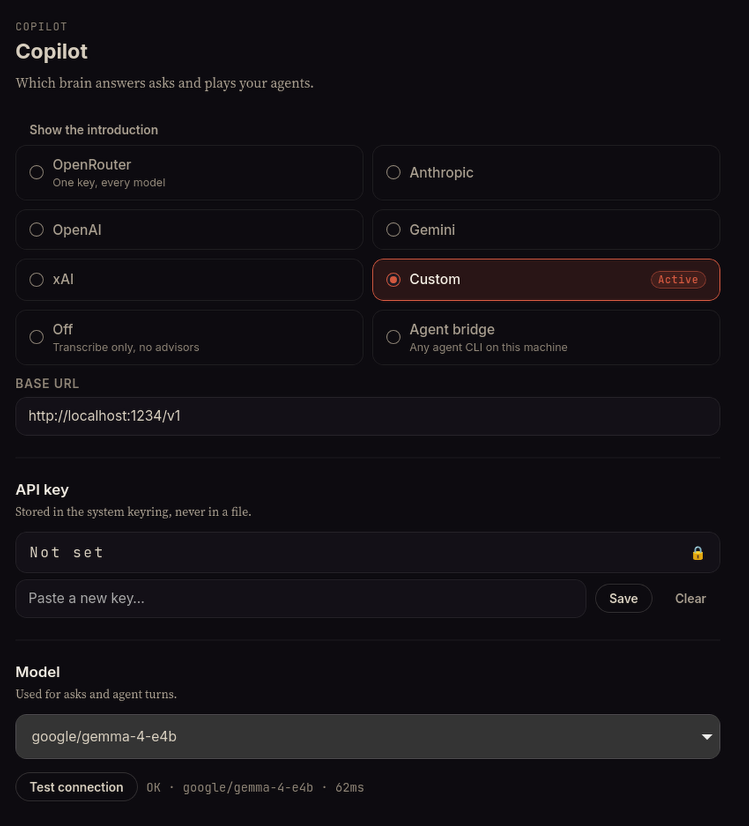 MidMeeting's Settings tab: the Custom card marked Active, Base URL http://localhost:1234/v1, API key not set, Model google/gemma-4-e4b, and next to Test connection the result OK, google/gemma-4-e4b, 62 ms.