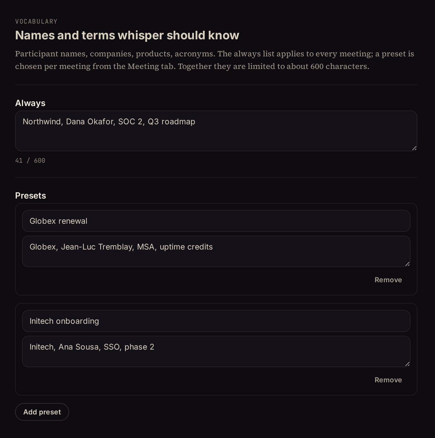 MidMeeting settings: an always-on vocabulary list and two named presets